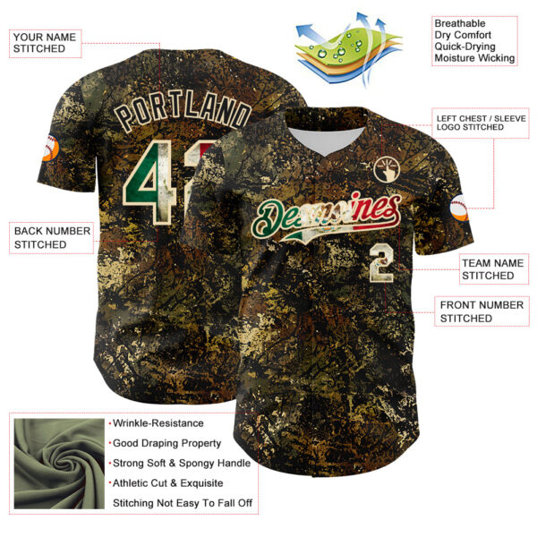Custom Camo Vintage Mexican Flag Cream-Black Woodland Forest Tactical Camouflage Outdoor Leaf Authentic Baseball Jersey