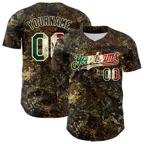 Camo0406 Custom Camo Vintage Mexican Flag Cream-Black Woodland Forest Tactical Camouflage Outdoor Leaf Authentic Baseball Jersey