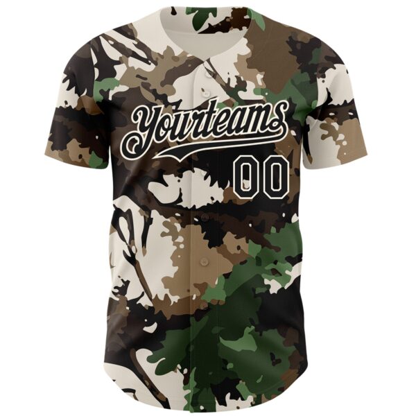Custom Camo Black-Cream Woodland Forest Tactical Camouflage Outdoor Leaf Authentic Baseball Jersey