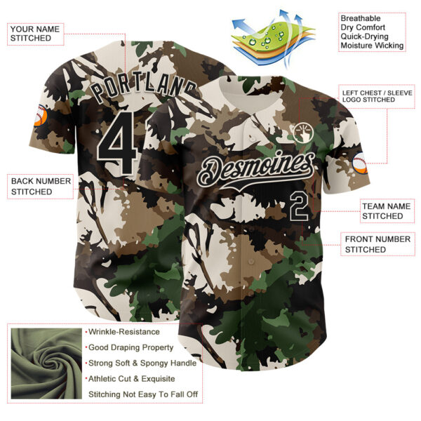 Custom Camo Black-Cream Woodland Forest Tactical Camouflage Outdoor Leaf Authentic Baseball Jersey
