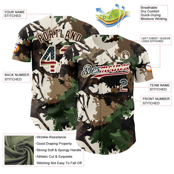 Custom Camo Vintage USA Flag Cream-Brown Woodland Forest Tactical Camouflage Outdoor Leaf Authentic Baseball Jersey