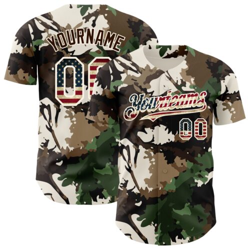Camo0408 Custom Camo Vintage USA Flag Cream-Brown Woodland Forest Tactical Camouflage Outdoor Leaf Authentic Baseball Jersey