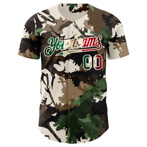 Custom Camo Vintage Mexican Flag Cream-Red Woodland Forest Tactical Camouflage Outdoor Leaf Authentic Baseball Jersey