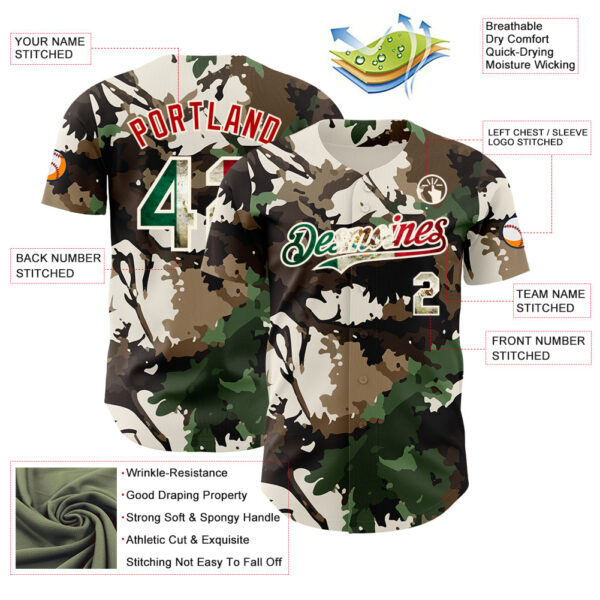 Custom Camo Vintage Mexican Flag Cream-Red Woodland Forest Tactical Camouflage Outdoor Leaf Authentic Baseball Jersey