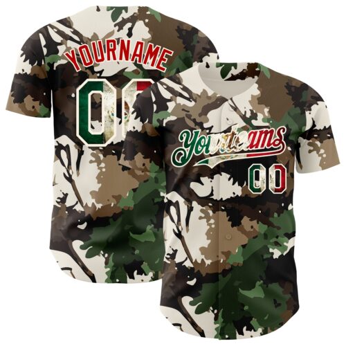 Camo0409 Custom Camo Vintage Mexican Flag Cream-Red Woodland Forest Tactical Camouflage Outdoor Leaf Authentic Baseball Jersey