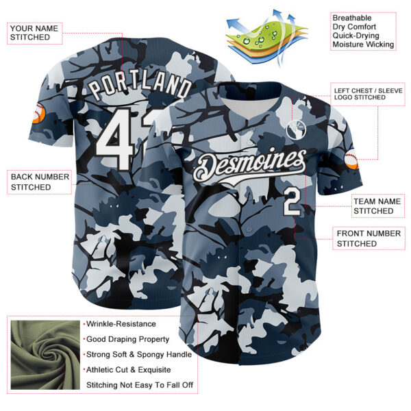Custom Camo White-Black Woodland Forest Tactical Camouflage Outdoor Leaf Authentic Baseball Jersey