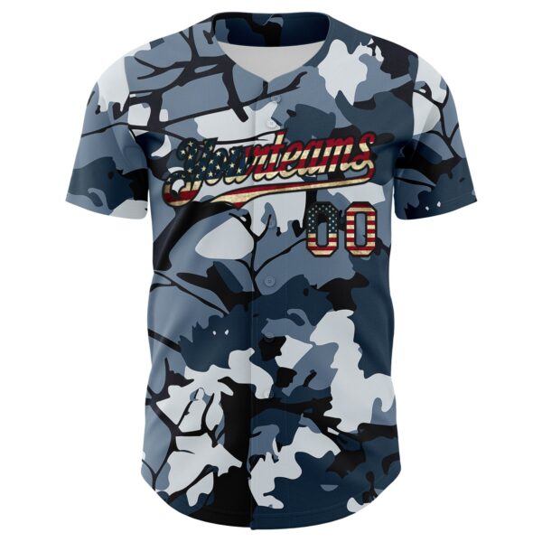 Custom Camo Vintage USA Flag Black-Crimson Woodland Forest Tactical Camouflage Outdoor Leaf Authentic Baseball Jersey