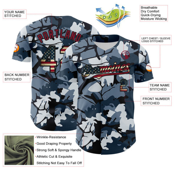 Custom Camo Vintage USA Flag Black-Crimson Woodland Forest Tactical Camouflage Outdoor Leaf Authentic Baseball Jersey