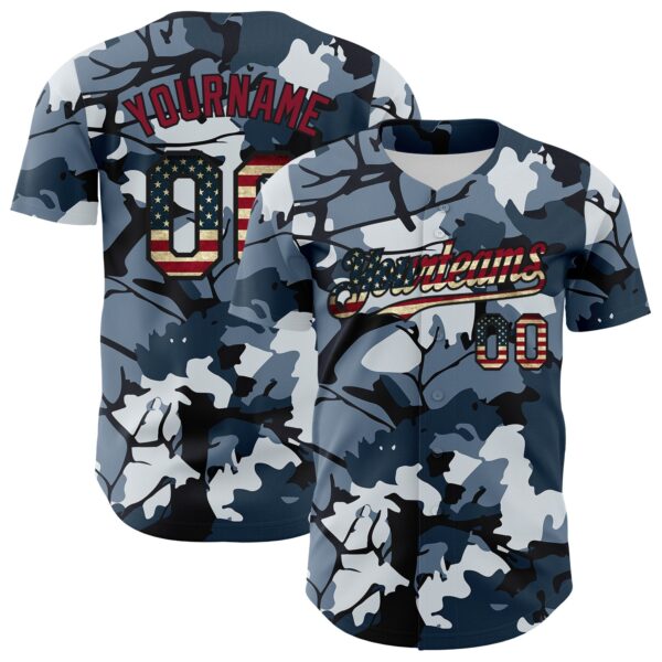 Custom Camo Vintage USA Flag Black-Crimson Woodland Forest Tactical Camouflage Outdoor Leaf Authentic Baseball Jersey