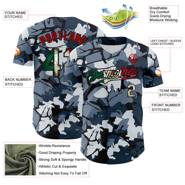 Custom Camo Vintage Mexican Flag Black-Red Woodland Forest Tactical Camouflage Outdoor Leaf Authentic Baseball Jersey