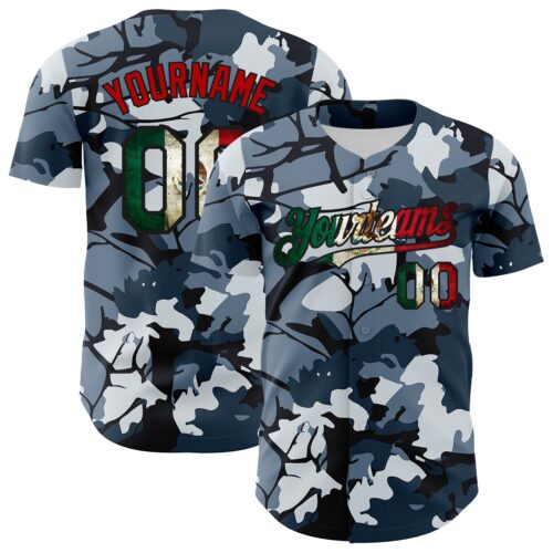 Camo0412 Custom Camo Vintage Mexican Flag Black-Red Woodland Forest Tactical Camouflage Outdoor Leaf Authentic Baseball Jersey
