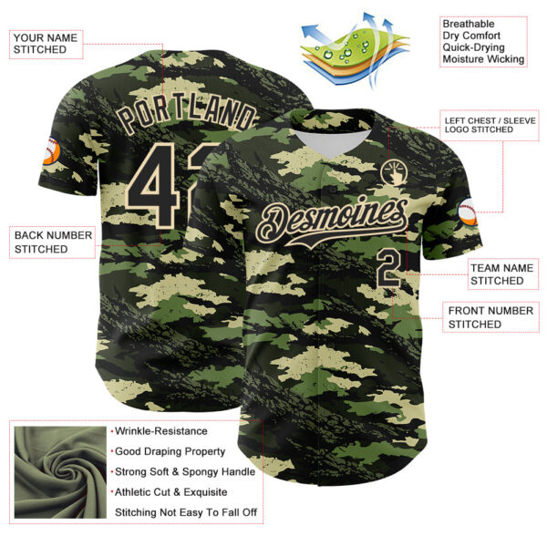 Custom Camo Black-Cream Woodland Forest Tactical Camouflage Outdoor Leaf Authentic Baseball Jersey