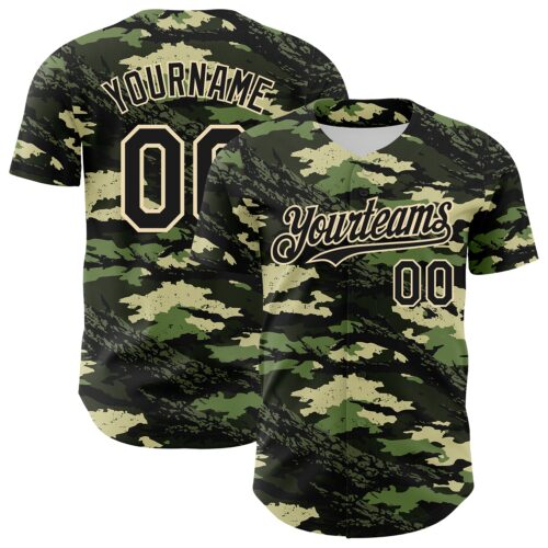 Camo0413 Custom Camo Black-Cream Woodland Forest Tactical Camouflage Outdoor Leaf Authentic Baseball Jersey