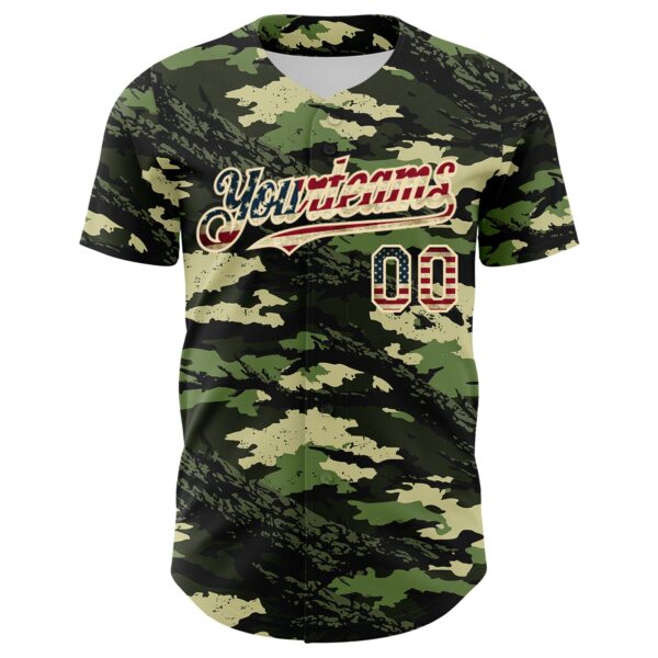 Custom Camo Vintage USA Flag Cream-Black Woodland Forest Tactical Camouflage Outdoor Leaf Authentic Baseball Jersey