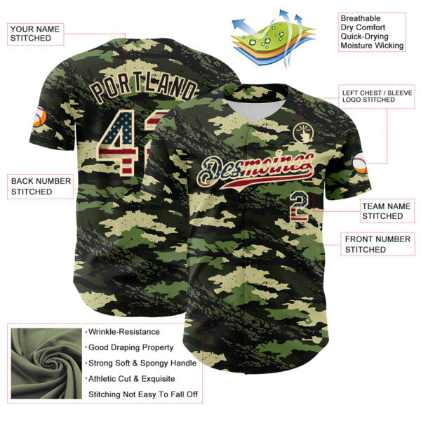 Custom Camo Vintage USA Flag Cream-Black Woodland Forest Tactical Camouflage Outdoor Leaf Authentic Baseball Jersey