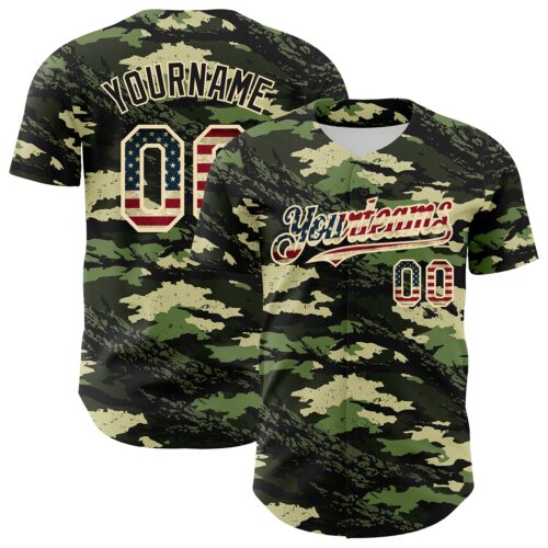 Camo0414 Custom Camo Vintage USA Flag Cream-Black Woodland Forest Tactical Camouflage Outdoor Leaf Authentic Baseball Jersey