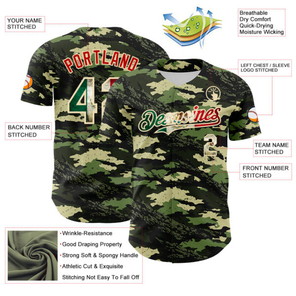 Custom Camo Vintage Mexican Flag Cream-Red Woodland Forest Tactical Camouflage Outdoor Leaf Authentic Baseball Jersey