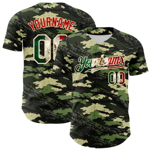 Camo0415 Custom Camo Vintage Mexican Flag Cream-Red Woodland Forest Tactical Camouflage Outdoor Leaf Authentic Baseball Jersey