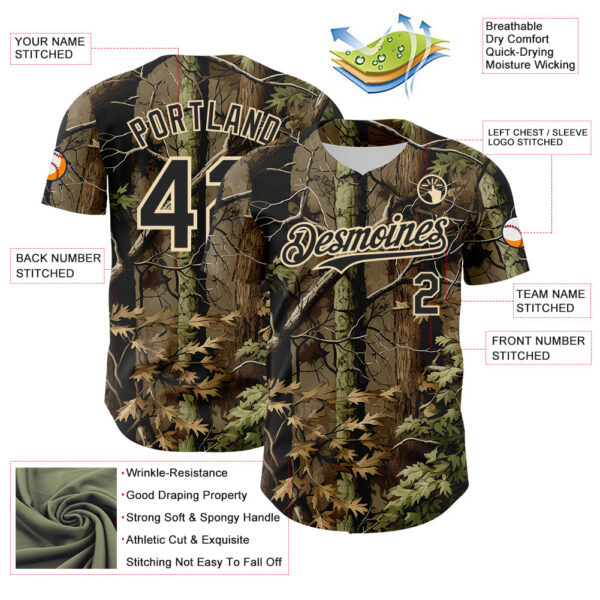 Custom Camo Black-Cream Woodland Forest Tactical Camouflage Outdoor Leaf Authentic Baseball Jersey