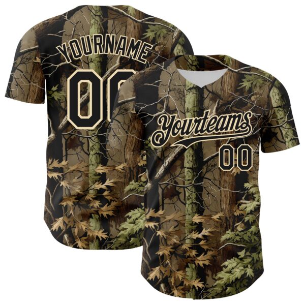 Custom Camo Black-Cream Woodland Forest Tactical Camouflage Outdoor Leaf Authentic Baseball Jersey