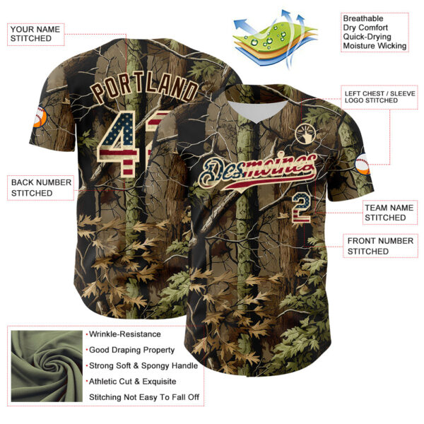 Custom Camo Vintage USA Flag Cream-Brown Woodland Forest Tactical Camouflage Outdoor Leaf Authentic Baseball Jersey