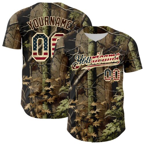 Camo0417 Custom Camo Vintage USA Flag Cream-Brown Woodland Forest Tactical Camouflage Outdoor Leaf Authentic Baseball Jersey