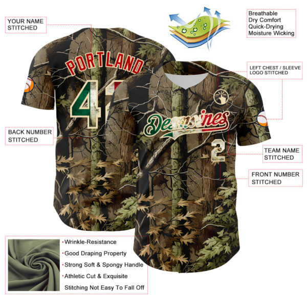 Custom Camo Vintage Mexican Flag Cream-Red Woodland Forest Tactical Camouflage Outdoor Leaf Authentic Baseball Jersey
