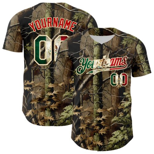 Camo0418 Custom Camo Vintage Mexican Flag Cream-Red Woodland Forest Tactical Camouflage Outdoor Leaf Authentic Baseball Jersey