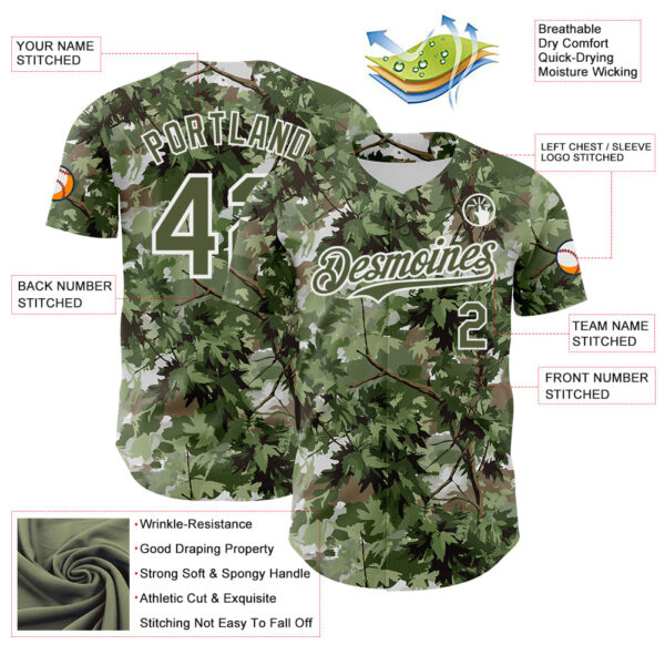 Custom Camo Olive-White Woodland Forest Tactical Camouflage Outdoor Leaf Authentic Baseball Jersey