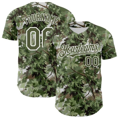 Camo0419 Custom Camo Olive-White Woodland Forest Tactical Camouflage Outdoor Leaf Authentic Baseball Jersey