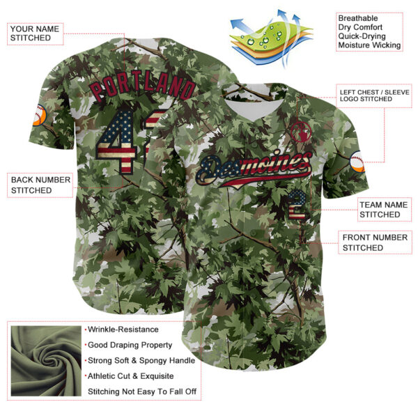 Custom Camo Vintage USA Flag Black-Crimson Woodland Forest Tactical Camouflage Outdoor Leaf Authentic Baseball Jersey