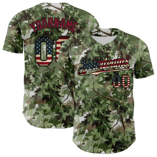 Camo0420 Custom Camo Vintage USA Flag Black-Crimson Woodland Forest Tactical Camouflage Outdoor Leaf Authentic Baseball Jersey