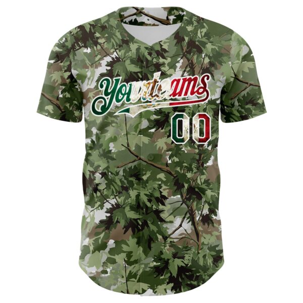Custom Camo Vintage Mexican Flag White-Olive Woodland Forest Tactical Camouflage Outdoor Leaf Authentic Baseball Jersey
