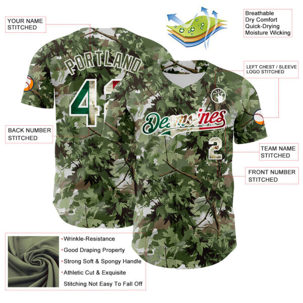 Custom Camo Vintage Mexican Flag White-Olive Woodland Forest Tactical Camouflage Outdoor Leaf Authentic Baseball Jersey
