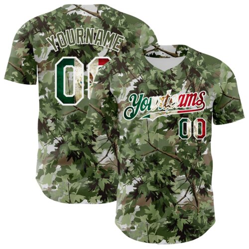 Camo0421 Custom Camo Vintage Mexican Flag White-Olive Woodland Forest Tactical Camouflage Outdoor Leaf Authentic Baseball Jersey
