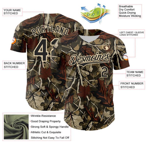 Custom Camo Black-Cream Woodland Forest Tactical Camouflage Outdoor Leaf Authentic Baseball Jersey