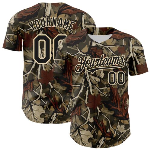 Camo0422 Custom Camo Black-Cream Woodland Forest Tactical Camouflage Outdoor Leaf Authentic Baseball Jersey