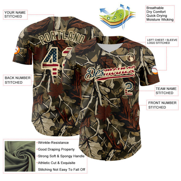 Custom Camo Vintage USA Flag Cream-Olive Woodland Forest Tactical Camouflage Outdoor Leaf Authentic Baseball Jersey