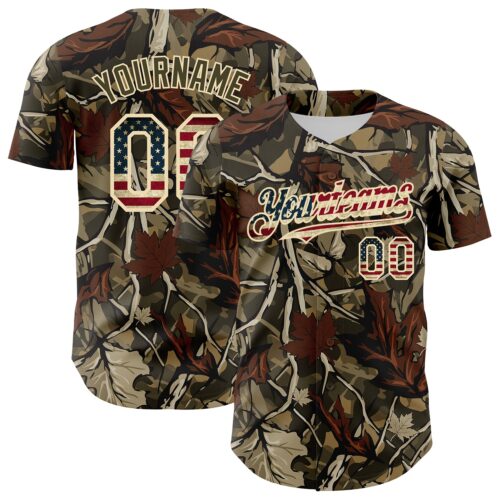 Camo0423 Custom Camo Vintage USA Flag Cream-Olive Woodland Forest Tactical Camouflage Outdoor Leaf Authentic Baseball Jersey