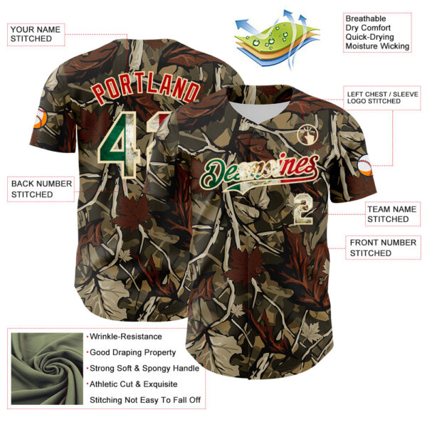 Custom Camo Vintage Mexican Flag Cream-Red Woodland Forest Tactical Camouflage Outdoor Leaf Authentic Baseball Jersey