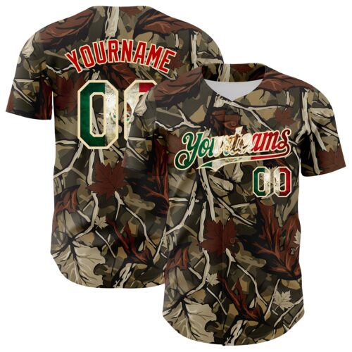 Camo0424 Custom Camo Vintage Mexican Flag Cream-Red Woodland Forest Tactical Camouflage Outdoor Leaf Authentic Baseball Jersey