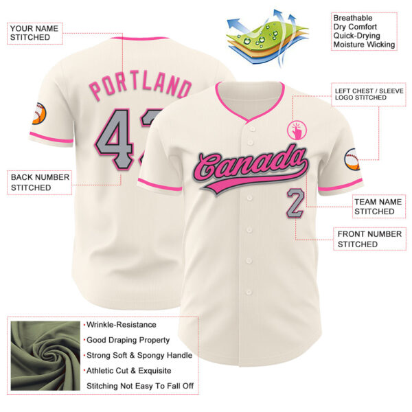 Custom Cream Gray Black-Pink Authentic Baseball Jersey