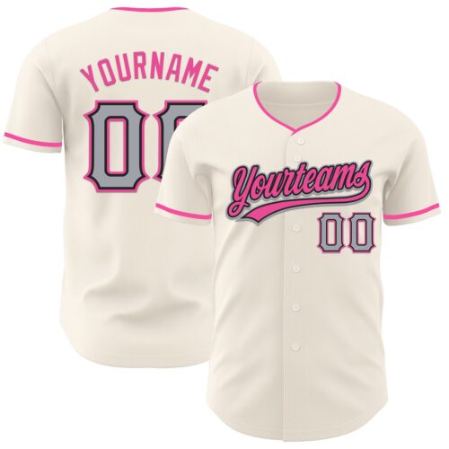 Cream1163_3f3e0c2b-4b12-46f7-99e5-74af5b534dd7 Custom Cream Gray Black-Pink Authentic Baseball Jersey