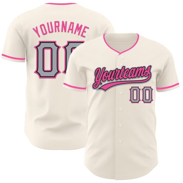 Custom Cream Gray Black-Pink Authentic Baseball Jersey