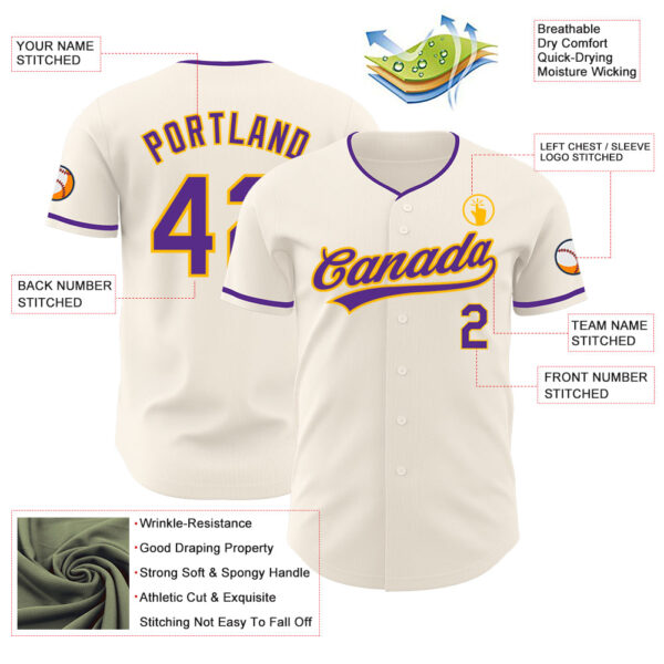 Custom Cream Purple-Gold Authentic Baseball Jersey