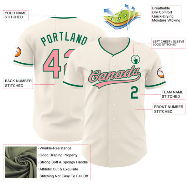 Custom Cream Medium Pink-Kelly Green Authentic Baseball Jersey