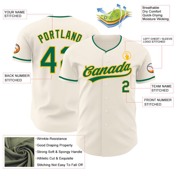 Custom Cream Kelly Green-Gold Authentic Baseball Jersey