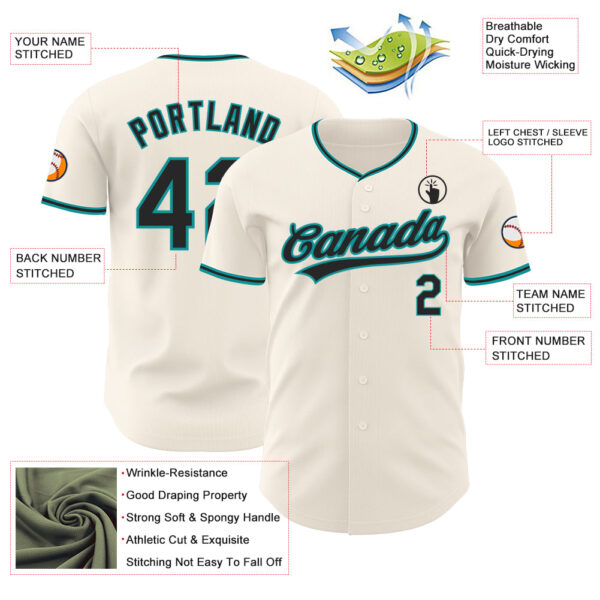 Custom Cream Black-Teal Authentic Baseball Jersey