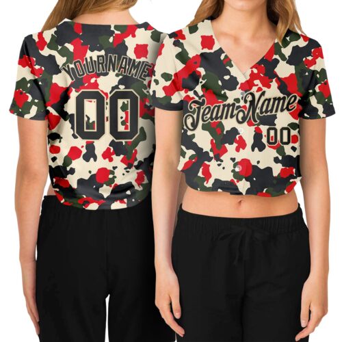 Cropped0011 Custom Women's Camo Black-Cream Salute To Service 3D V-Neck Cropped Baseball Jersey