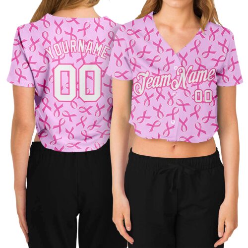 Cropped0013 Custom Women's Pink White Breast Cancer 3D V-Neck Cropped Baseball Jersey